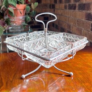 Vintage MCM Pressed Glass Relish Server Set w Chrome Lazy Susan Caddy